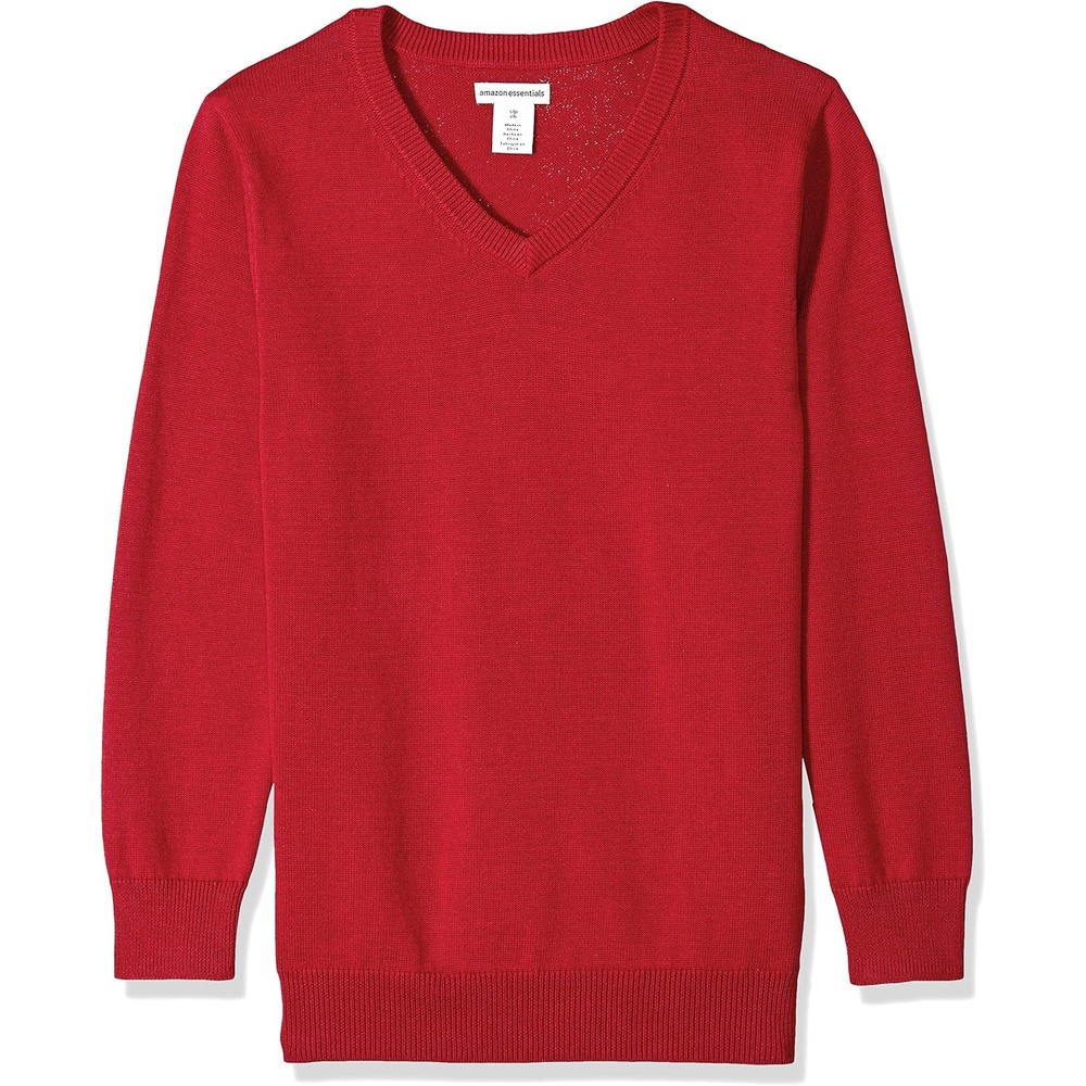image:imageAmazon Essentials Unisex Kids and Toddlers Uniform Cotton VNeck Pullover Knit SweaterRed Heather