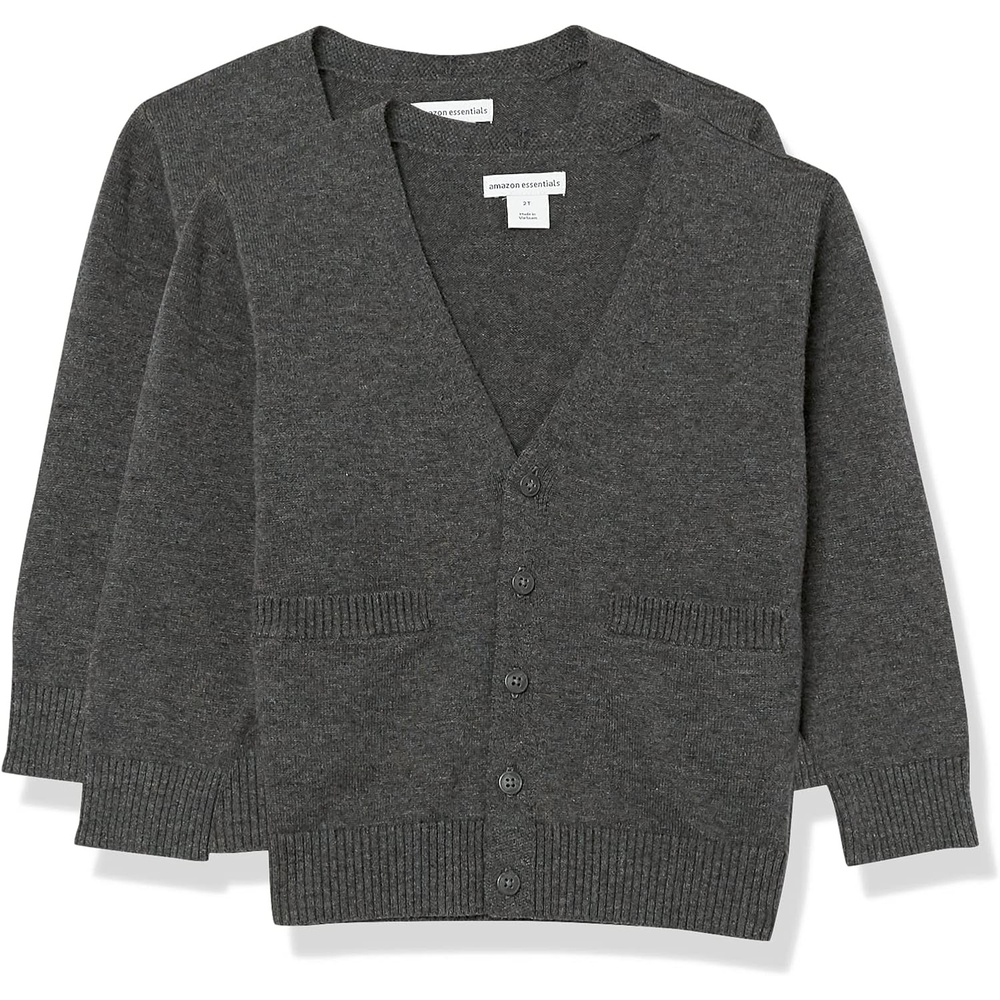 image:imageAmazon Essentials Unisex Kids and Toddlers VNeck Cotton Uniform Cardigan Sweaters Pack of 2Charcoal Heather