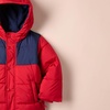 Amazon Essentials Babies, Toddlers, and Boys’ Heavyweight Hooded Puffer Jacket(Navy Red Color Block)