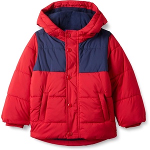 Amazon Essentials Babies, Toddlers, and Boys’ Heavyweight Hooded Puffer Jacket(Navy Red Color Block)