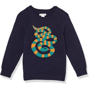 Amazon Essentials Boys and Toddlers’ Cotton Knit Pullover Crewneck Sweater(Dark Navy  Snake)