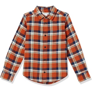 Amazon Essentials Boys and Toddlers’ Long Sleeve Flannel Button Down Shirt(Navy Orange Plaid)