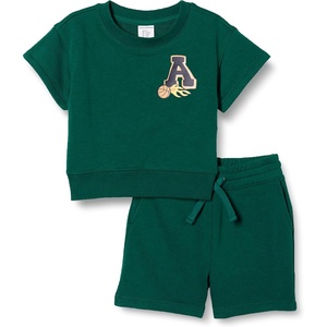 Amazon Essentials Boys and Toddlers’ Relaxed Fit Short Sleeve Sweatshirt and Shorts Set, Pack of 2(Dark Green Alphabet)