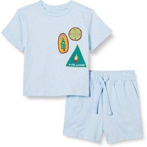 Amazon Essentials Toddler Boys’ T-shirt and shorts set(Light Blue/Badges)