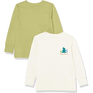 Amazon Essentials Unisex Kids and Toddlers’ Long-Sleeve Organic Cotton Rib Cuff T-Shirt, Pack of 2(Light Olive/Off-white Great Outdoors)