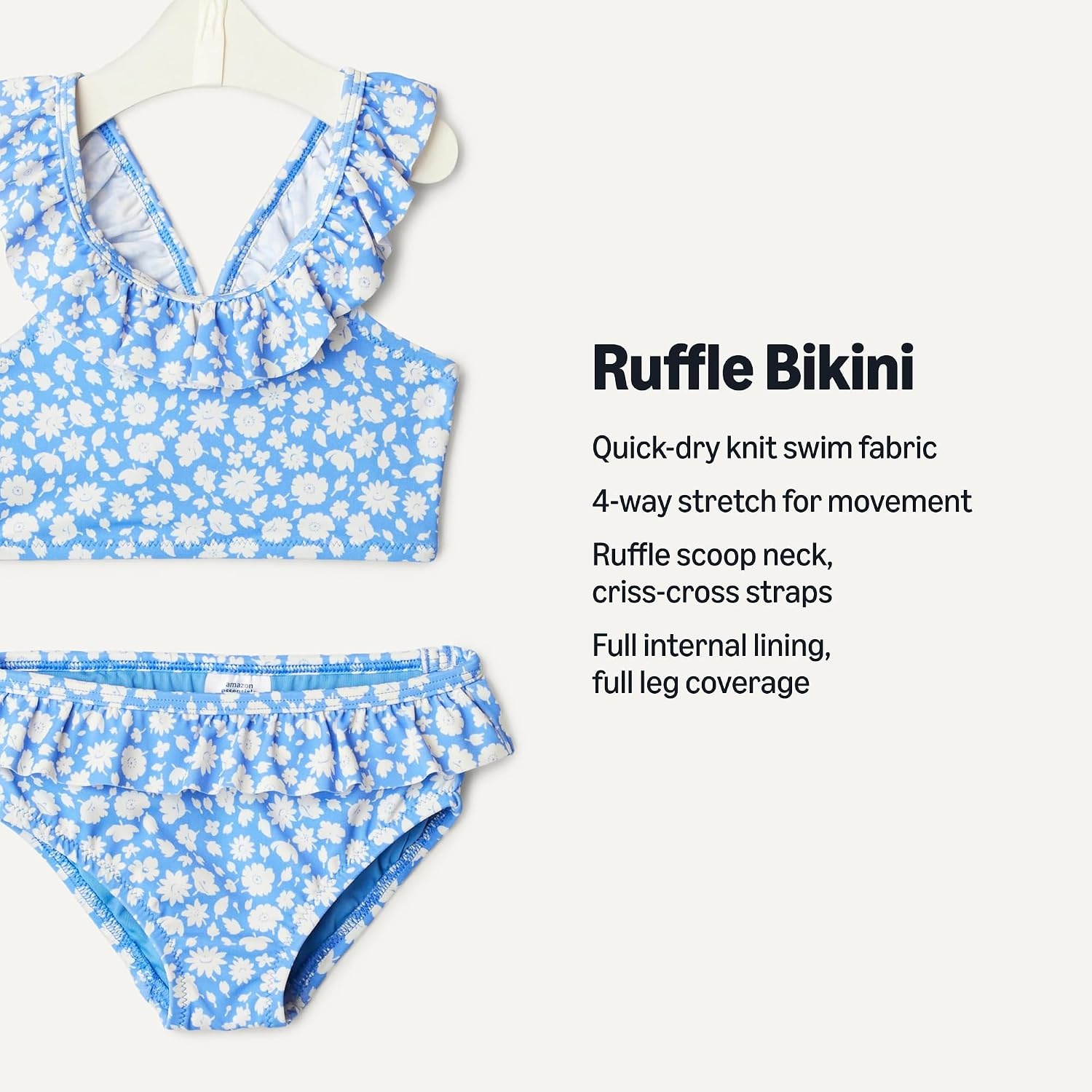 image:imageAmazon Essentials Girls Ruffle TwoPiece Bikini Swim Set with CrissCross StrapsBlue Ditsy Floral