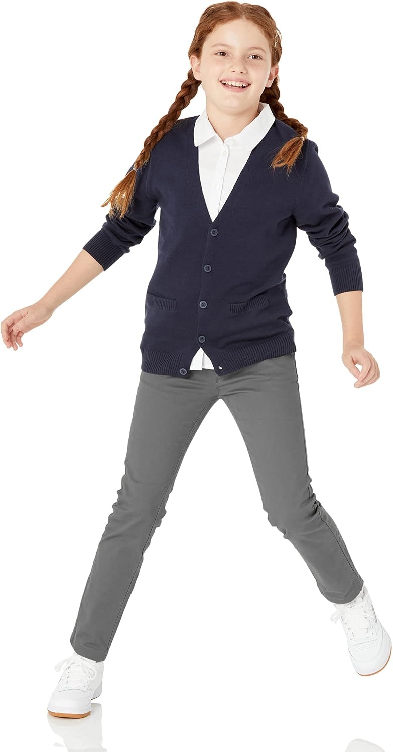 image:imageAmazon Essentials Girls and Toddlers Uniform Slim Fit Crewneck Cardigan SweaterRed