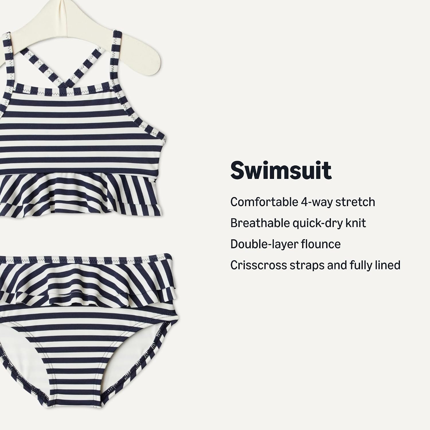 image:imageAmazon Essentials x Sofia Grainge Toddler and Baby Girls Two Piece Swimsuit with Crisscross Straps DoubleLayer FlounceIvory Navy Even Stripe