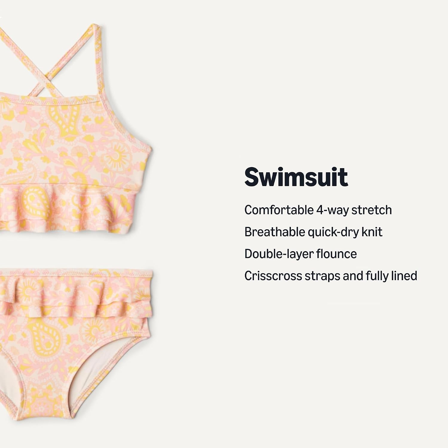 image:imageAmazon Essentials x Sofia Grainge Toddler and Baby Girls Two Piece Swimsuit with Crisscross Straps DoubleLayer FlounceShell Pink Ornate Paisley