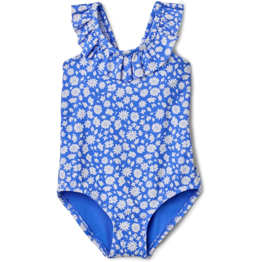 image:imageAmazon Essentials Girls FrillTrimmed OnePiece SwimsuitBlue Ditsy Floral