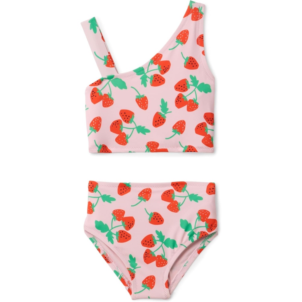 image:imageAmazon Essentials Girls One Shoulder TwoPiece Bikini Swim Set Slim FitPink Tomato Red Strawberries