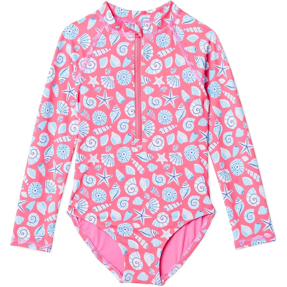image:imageAmazon Essentials Girls Rash Guard OnePiece Swimsuit Long SleeveHot Pink Shells