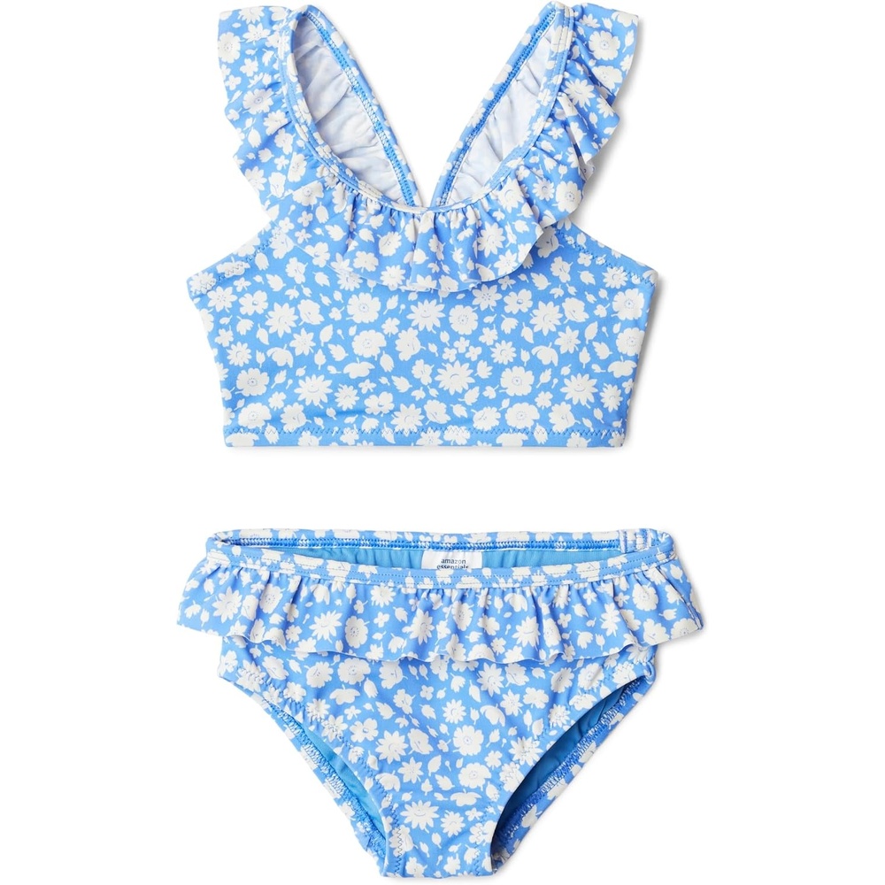 image:imageAmazon Essentials Girls Ruffle TwoPiece Bikini Swim Set with CrissCross StrapsBlue Ditsy Floral