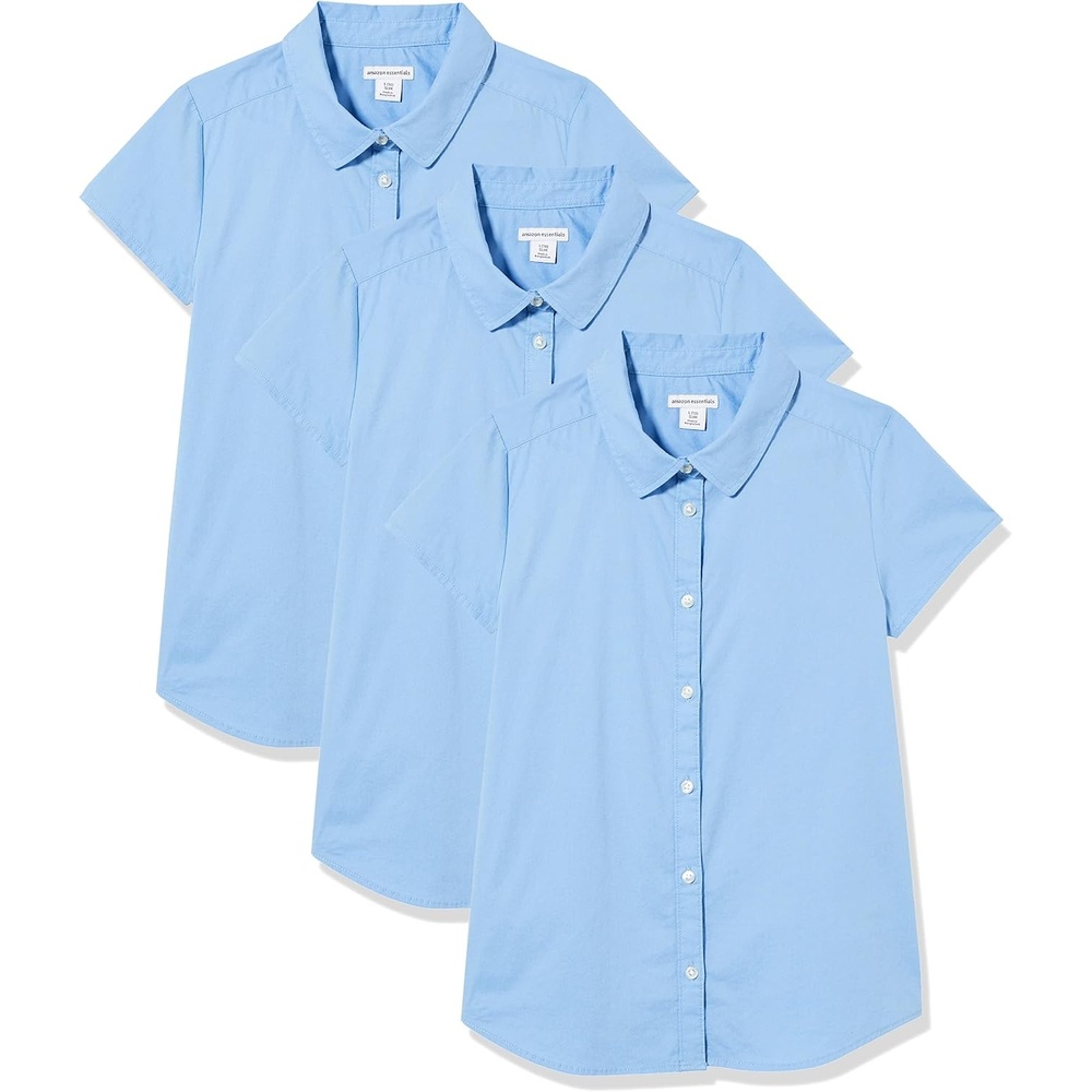 image:imageAmazon Essentials Girls Uniform Short Sleeve Stretch Poplin ButtonDown Shirts Pack of 3Blue