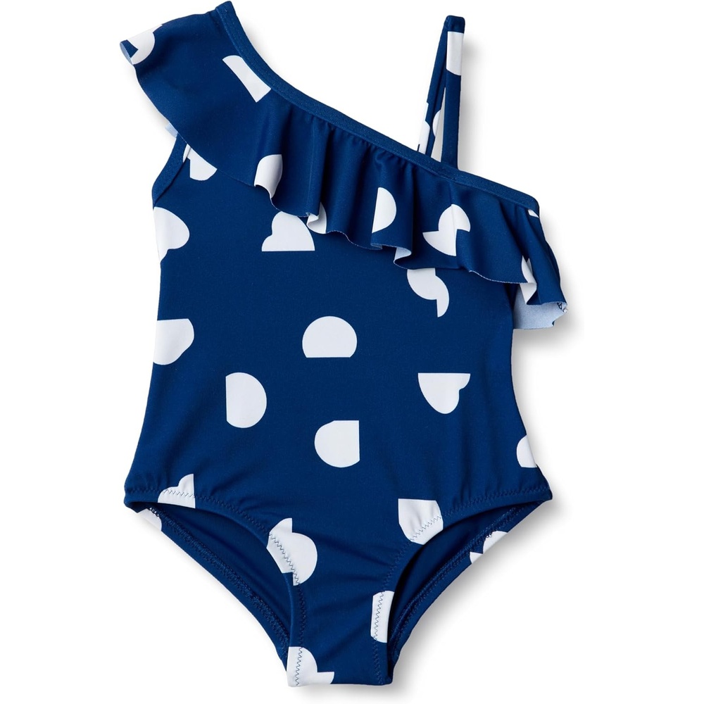 image:imageAmazon Essentials Girls and Toddlers Asymmetric Frill OneShoulder OnePiece SwimsuitDeep Blue Ivory Abstract Dots