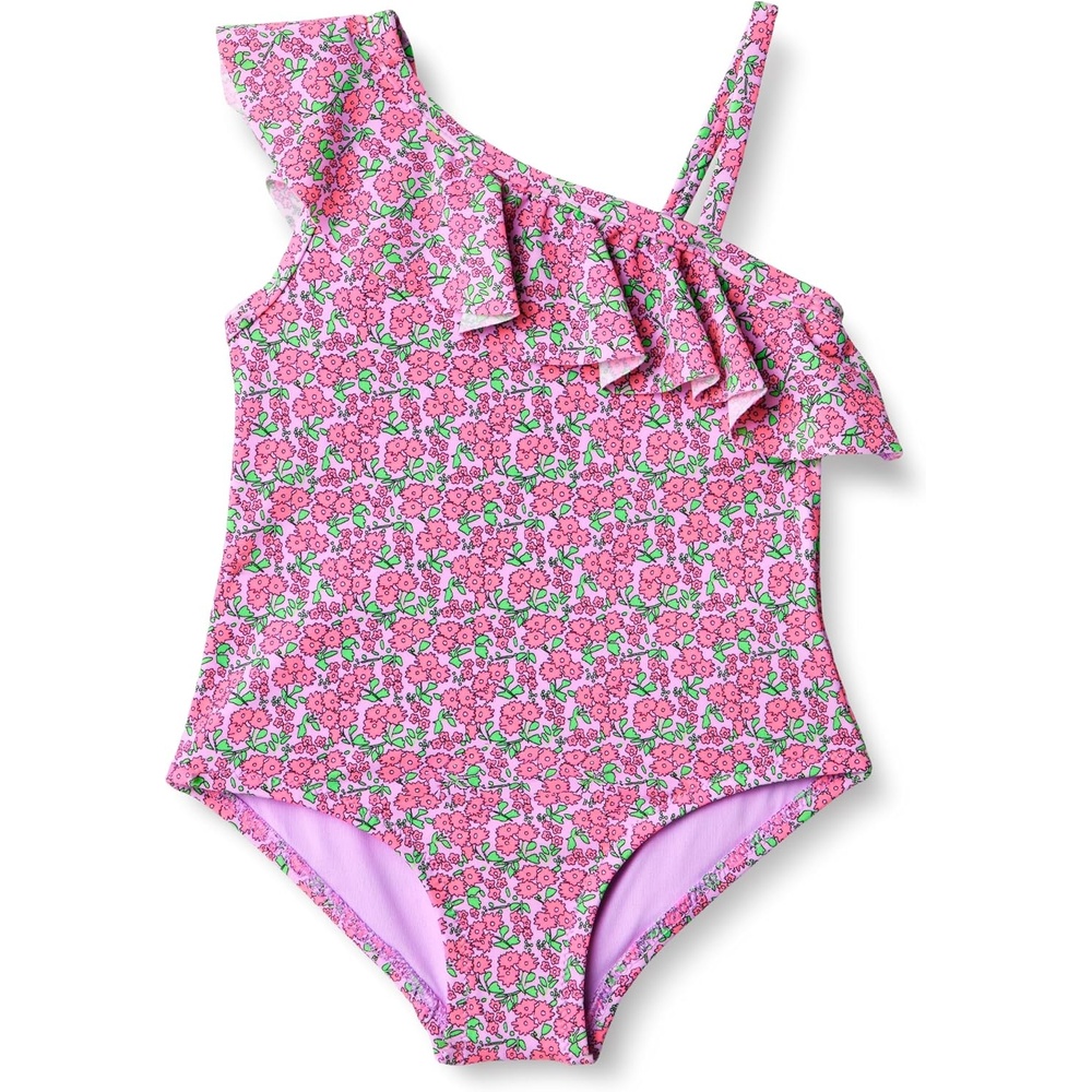 image:imageAmazon Essentials Girls and Toddlers Asymmetric Frill OneShoulder OnePiece SwimsuitLilac Hot Pink Posey Floral