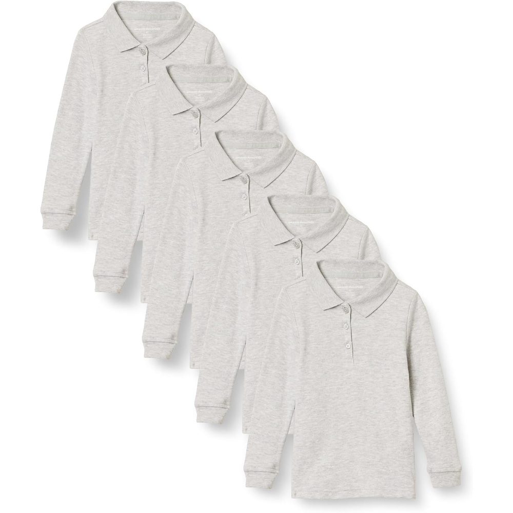 image:imageAmazon Essentials Girls and Toddlers LongSleeve School Uniform Interlock Polo Shirts5pack Heather Grey
