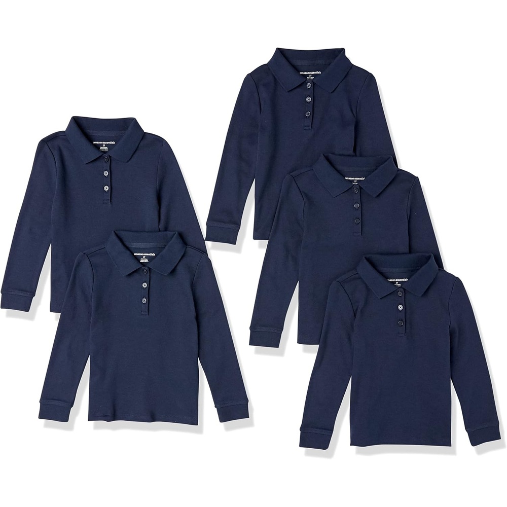 image:imageAmazon Essentials Girls and Toddlers LongSleeve School Uniform Interlock Polo Shirts5pack Navy