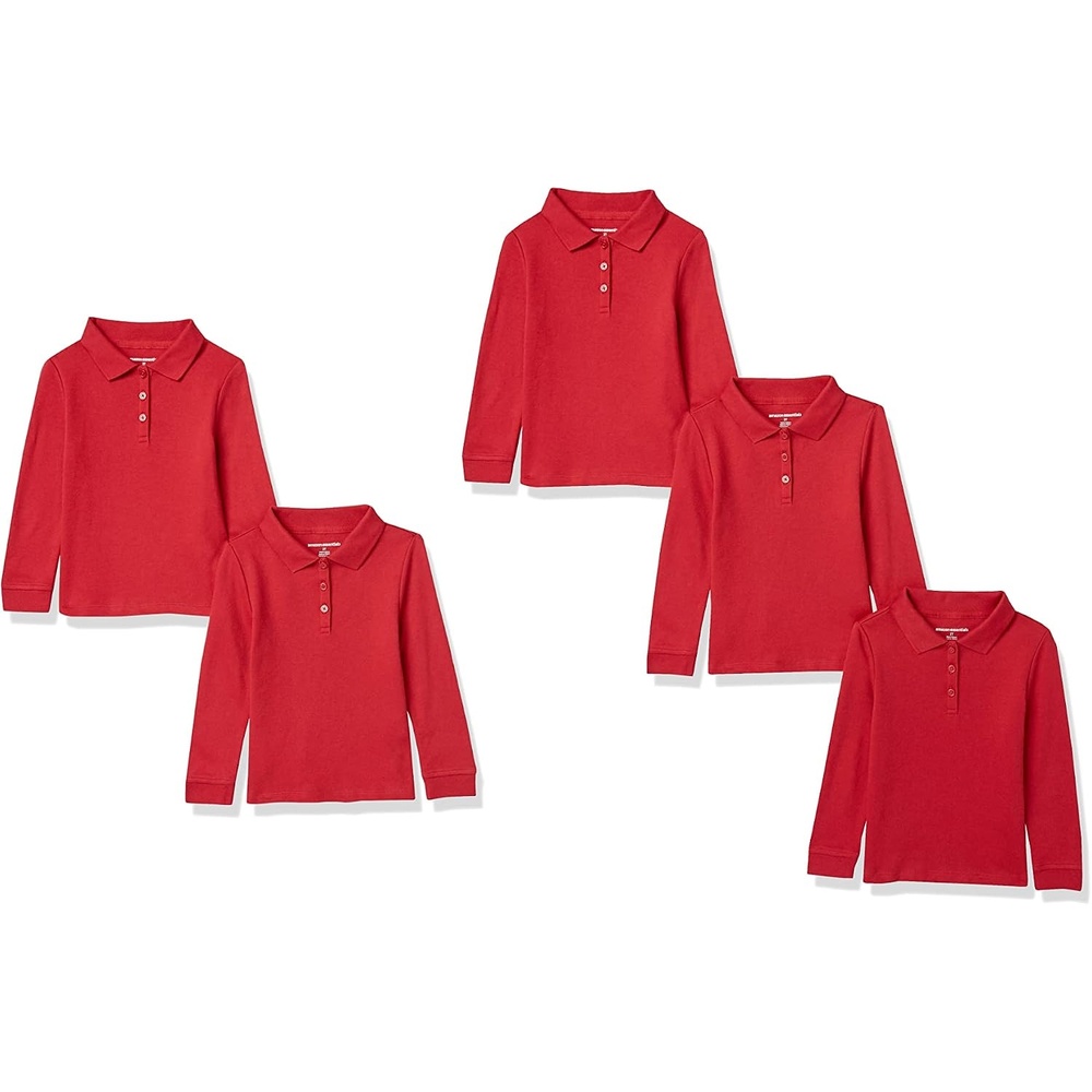 image:imageAmazon Essentials Girls and Toddlers LongSleeve School Uniform Interlock Polo Shirts5pack Red