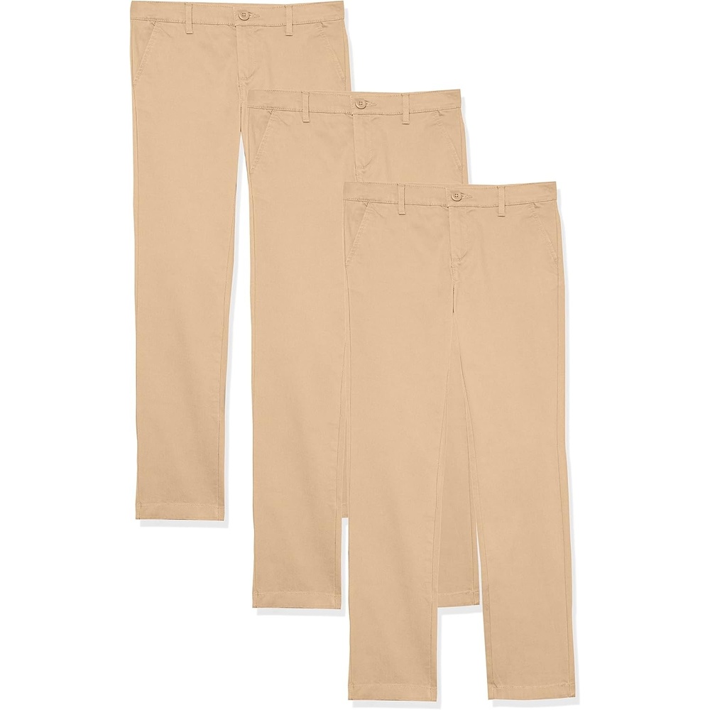 image:imageAmazon Essentials Girls and Toddlers School Uniform Straight Leg Adjustable Waist FlatFront Chino Pants Pack of 3Khaki Brown