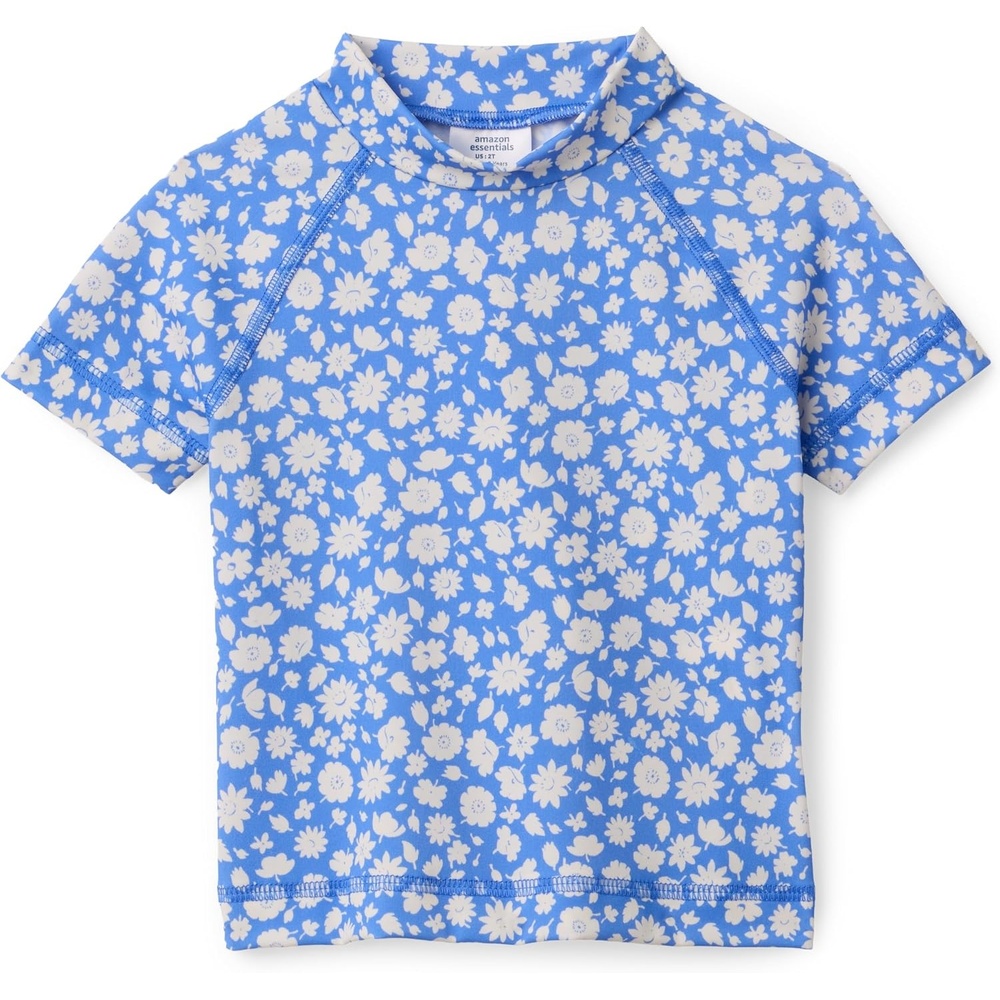 image:imageAmazon Essentials Girls and Toddlers Short Sleeve Slim Fit HighNeck Rashguard TShirtBlue Ditsy Floral