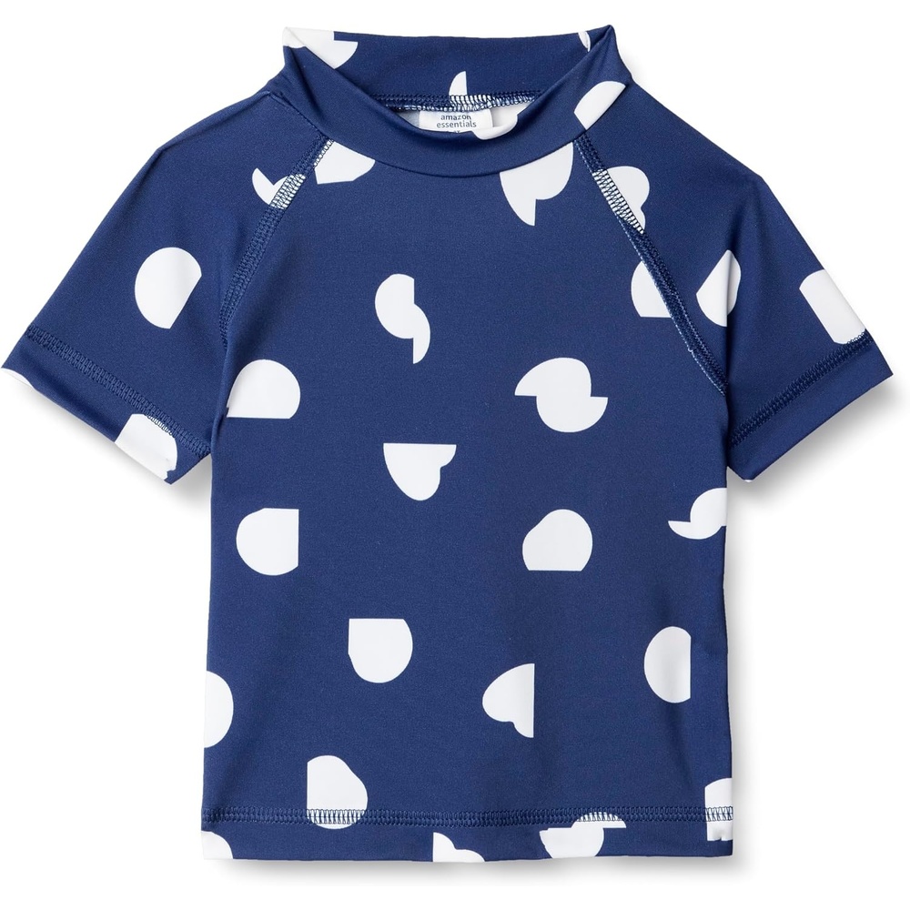 image:imageAmazon Essentials Girls and Toddlers Short Sleeve Slim Fit HighNeck Rashguard TShirtDeep Blue Ivory Abstract Dots