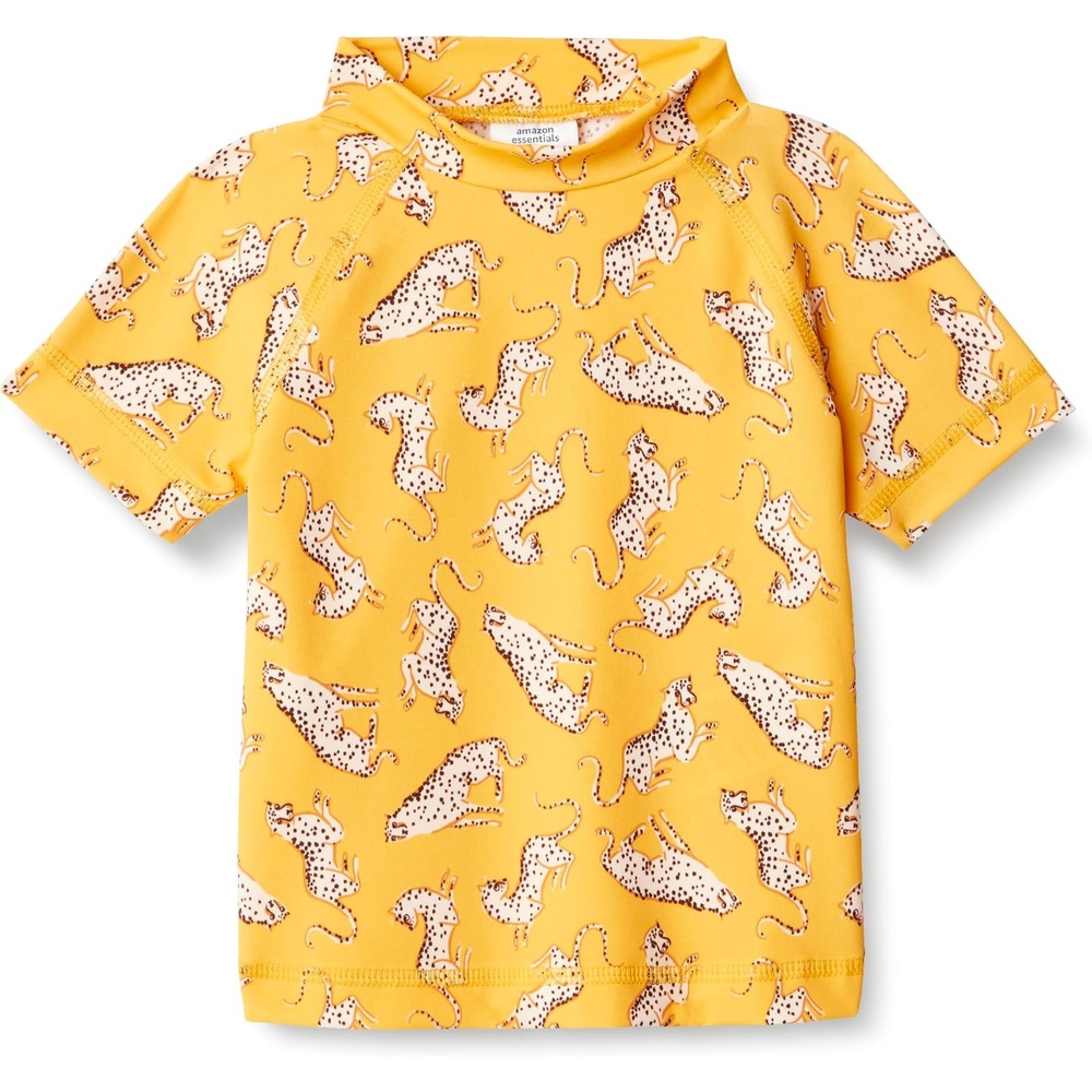 image:imageAmazon Essentials Girls and Toddlers Short Sleeve Slim Fit HighNeck Rashguard TShirtGolden Yellow Beige Leopard