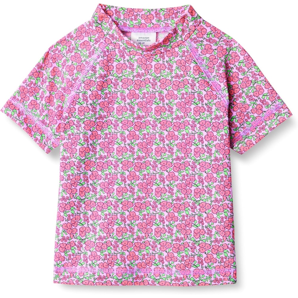 image:imageAmazon Essentials Girls and Toddlers Short Sleeve Slim Fit HighNeck Rashguard TShirtLilac Hot Pink Posey Floral