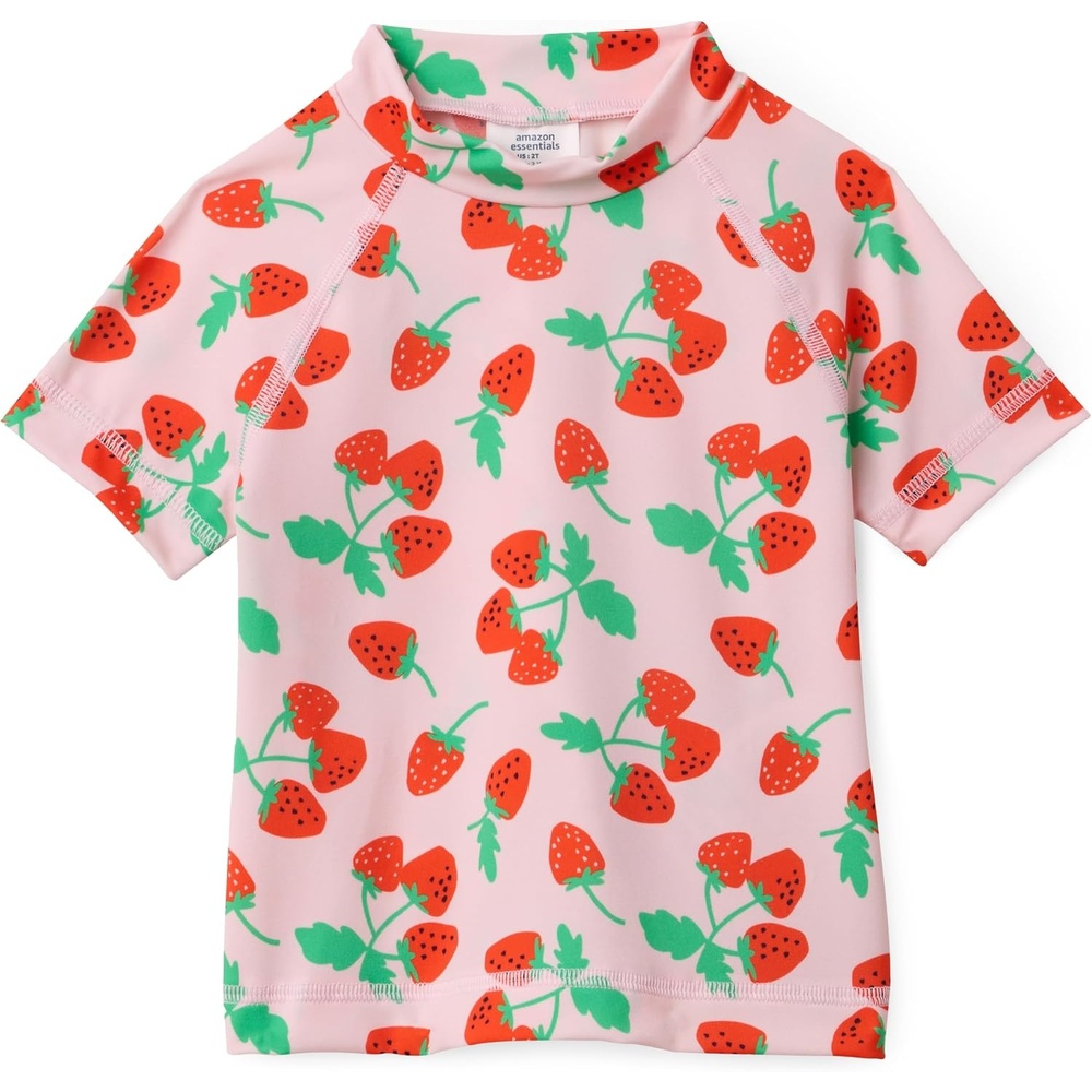image:imageAmazon Essentials Girls and Toddlers Short Sleeve Slim Fit HighNeck Rashguard TShirtPink Tomato Red Strawberries