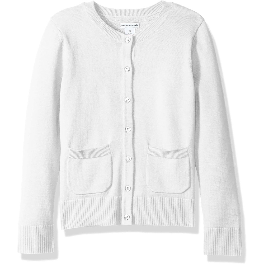 image:imageAmazon Essentials Girls and Toddlers Uniform Slim Fit Crewneck Cardigan SweaterSnow White