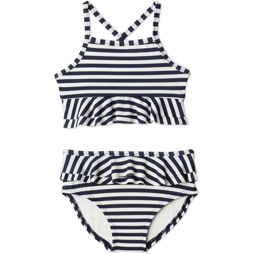 image:imageAmazon Essentials x Sofia Grainge Toddler and Baby Girls Two Piece Swimsuit with Crisscross Straps DoubleLayer FlounceIvory Navy Even Stripe