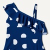 Amazon Essentials Girls and Toddlers’ Asymmetric Frill One-Shoulder One-Piece Swimsuit(Deep Blue Ivory Abstract Dots)