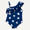 Amazon Essentials Girls and Toddlers’ Asymmetric Frill One-Shoulder One-Piece Swimsuit(Deep Blue Ivory Abstract Dots)