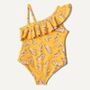 Amazon Essentials Girls and Toddlers’ Asymmetric Frill One-Shoulder One-Piece Swimsuit(Golden Yellow Beige Leopard)