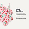 Amazon Essentials Girls and Toddlers’ Asymmetric Frill One-Shoulder One-Piece Swimsuit(Pink Tomato Red Strawberries)