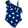 Amazon Essentials Girls and Toddlers’ Asymmetric Frill One-Shoulder One-Piece Swimsuit(Deep Blue Ivory Abstract Dots)