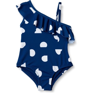 Amazon Essentials Girls and Toddlers’ Asymmetric Frill One-Shoulder One-Piece Swimsuit(Deep Blue Ivory Abstract Dots)