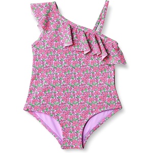 Amazon Essentials Girls and Toddlers’ Asymmetric Frill One-Shoulder One-Piece Swimsuit(Lilac Hot Pink Posey Floral)