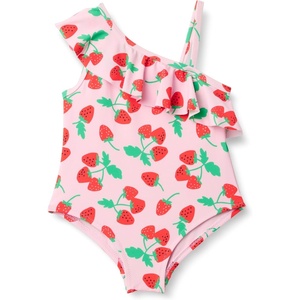 Amazon Essentials Girls and Toddlers’ Asymmetric Frill One-Shoulder One-Piece Swimsuit(Pink Tomato Red Strawberries)