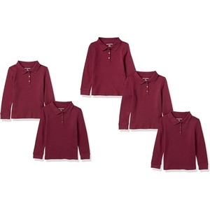 Amazon Essentials Girls and Toddlers’ Long-Sleeve School Uniform Interlock Polo Shirts(5-pack Burgundy)