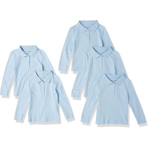 Amazon Essentials Girls and Toddlers’ Long-Sleeve School Uniform Interlock Polo Shirts(5-pack Light Blue)
