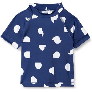 Amazon Essentials Girls and Toddlers’ Short Sleeve Slim Fit High-Neck Rashguard T-Shirt(Deep Blue Ivory Abstract Dots)