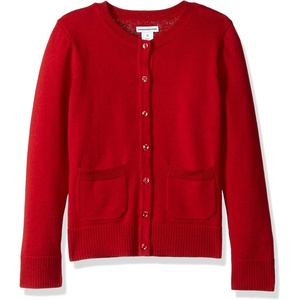 Amazon Essentials Girls and Toddlers’ Uniform Slim Fit Crewneck Cardigan Sweater(Red)