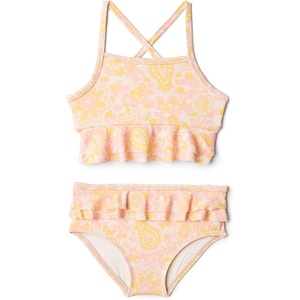Amazon Essentials x Sofia Grainge Toddler and Baby Girls’ Two Piece Swimsuit with Crisscross Straps, Double-Layer Flounce(Shell Pink Ornate Paisley)