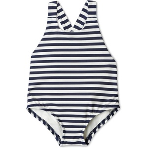 Amazon Essentials x Sofia Grainge Toddlers and Baby Girls’ One-Piece Swimsuit with Crisscross Straps, Ruffle Detail(Ivory Navy Even Stripe)