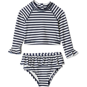 Amazon Essentials x Sofia Grainge Toddlers and Baby Girls’ Two-Piece Long Sleeve Rashguard Set, Multipacks(Ivory Navy Even Stripe)