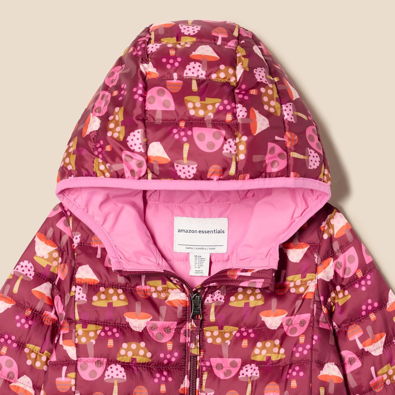 image:imageAmazon Essentials Girls and Toddlers Lightweight WaterResistant Packable Hooded Puffer JacketLight Burgundy Mushroom
