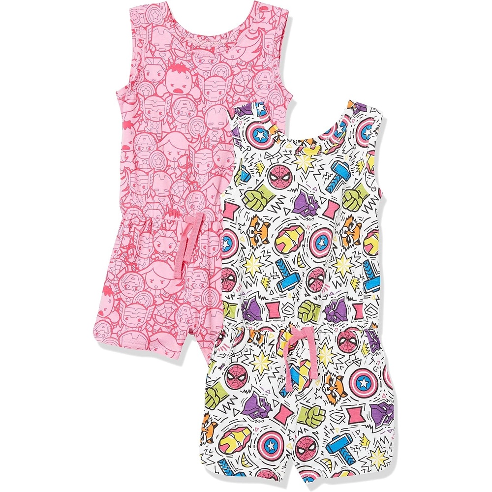 image:imageAmazon Essentials Disney Marvel Star Wars Frozen Princess Girls and Toddlers Knit Sleeveless Rompers Pack of 2Festive Marvel Kids