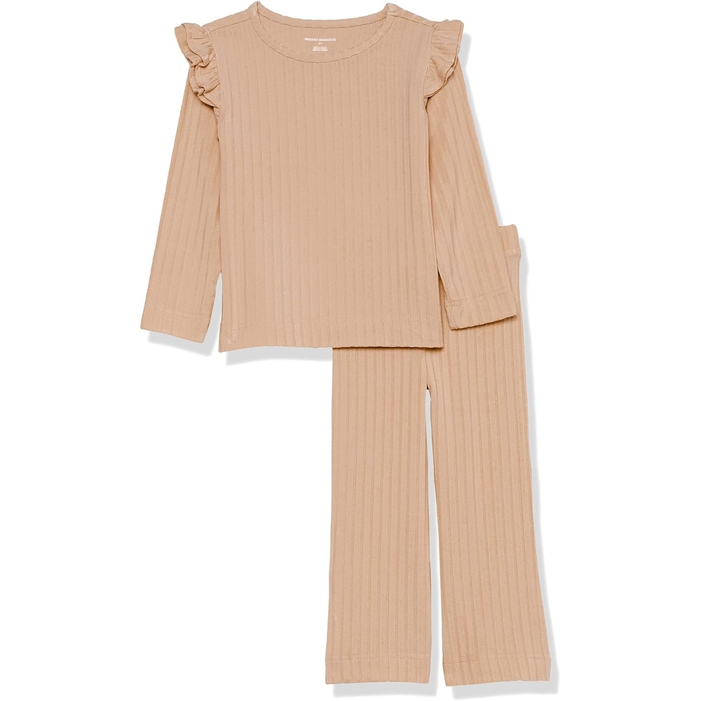 image:imageAmazon Essentials Girls WideRib Ruffle Top and Flare Pants Outfit Set Pack of 2Light Brown