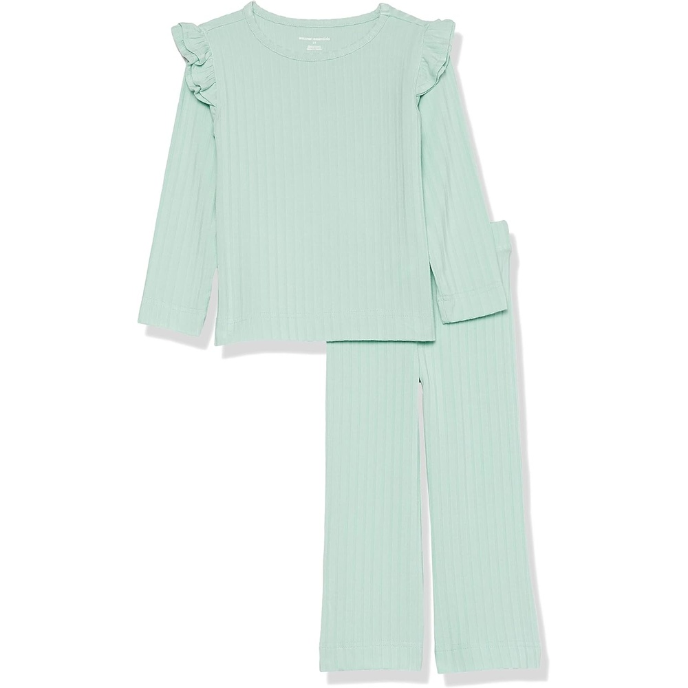 image:imageAmazon Essentials Girls WideRib Ruffle Top and Flare Pants Outfit Set Pack of 2Mint Green
